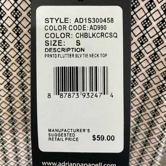 Adrianna Papell Tie Neck Blouse S Black Cream Geometric Flutter Sleeve NWT - Picture 10 of 14